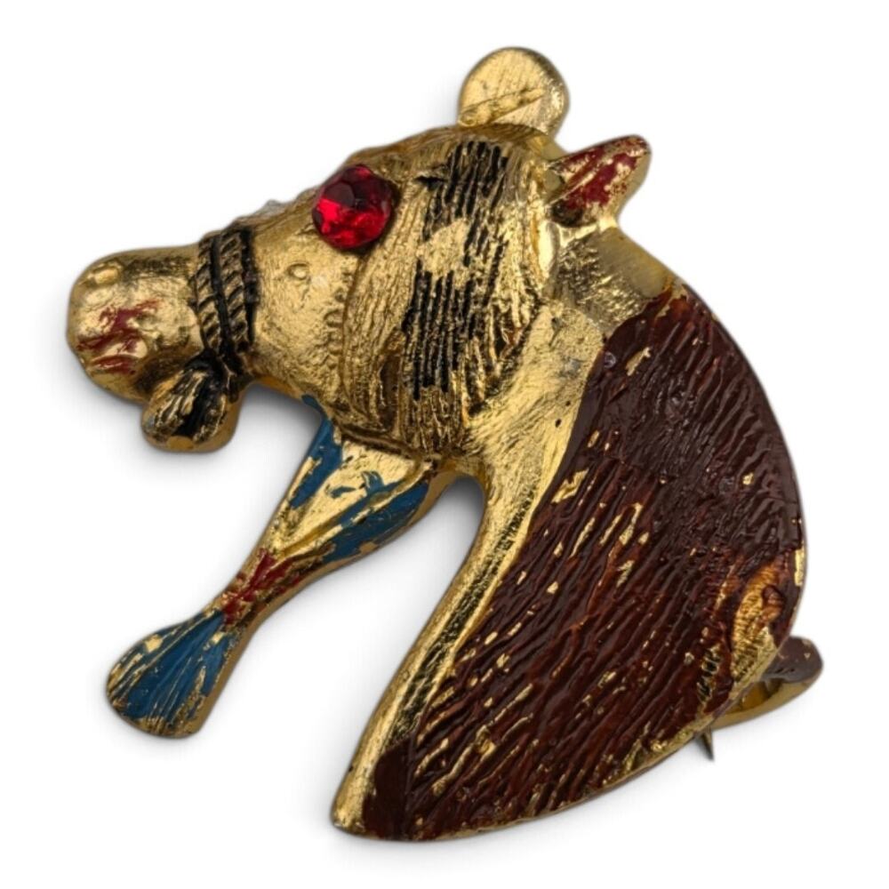 Vintage Hong Kong Horse Brooch Red Rhinestone Eye Enamel Gold Tone Figural Pin